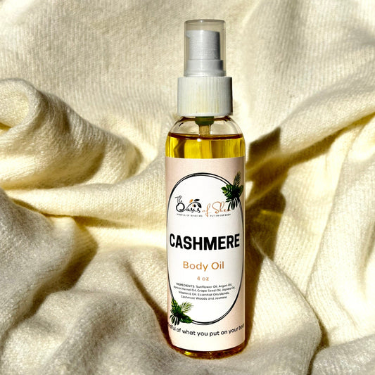 Cashmere Body Oil in a chic pump bottle – hydrating and soothing oil with cashmere woods and jasmine scent for silky, radiant skin