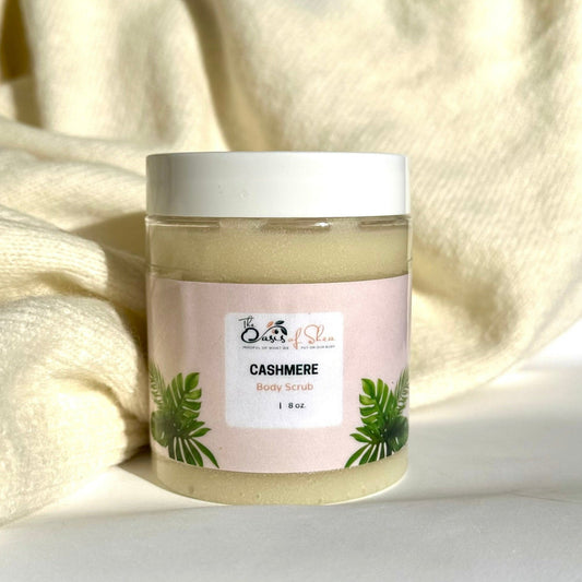 Cashmere Body Scrub in a soft beige jar – creamy exfoliating scrub with cashmere woods and jasmine scent for smooth, glowing skin