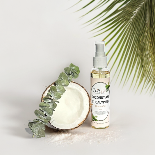 Coconut and Eucalyptus Body Oil in a sleek pump bottle – hydrating and soothing oil for soft, glowing, and refreshed skin