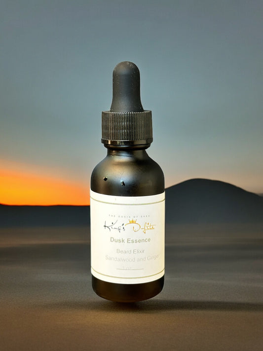 Dusk Essence Beard Elixir in a sleek dropper bottle – sandalwood and ginger-infused oil for soft, conditioned, and stylish beards