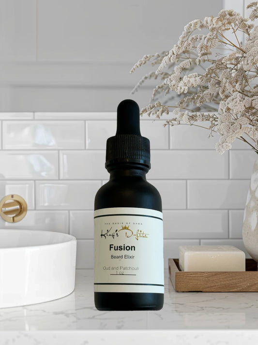 Fusion Beard Elixir in a dropper bottle – nourishing beard oil with Oud and Patchouli scent for softness, shine, and skin hydration