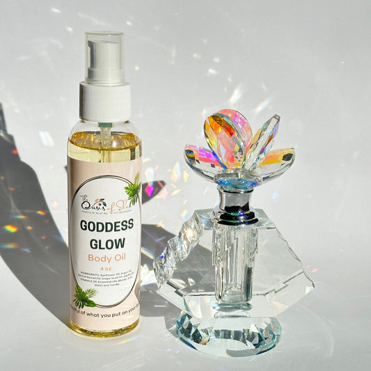 Goddess Glow Body Oil in a luxurious bottle – violet and vanilla-scented body oil for soft, radiant, and nourished skin