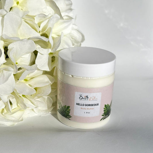Hello Gorgeous Emulsified Body Butter in a sleek jar – lightweight yet rich moisturizer with iris and amber scent for soft, radiant skin
