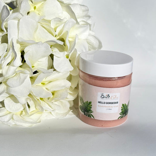 Hello Gorgeous Emulsified Body Scrub in a chic jar – iris and amber-scented sugar scrub for glowing, smooth, and hydrated skin