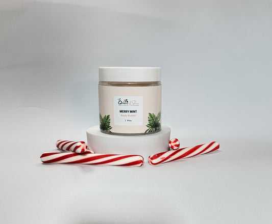 Merry Mint Body Butter in a festive jar – rich peppermint, eucalyptus, and rosemary formula for smooth, cool, and hydrated winter skin