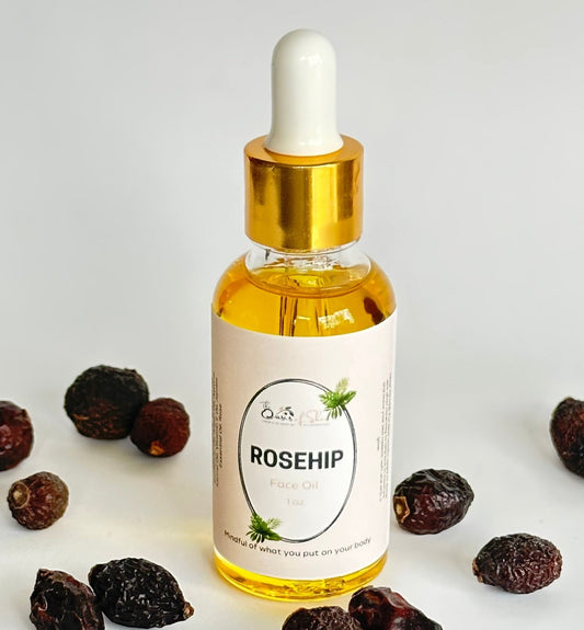 Rosehip Face Oil in a glass dropper bottle – lightweight facial oil with rose scent for glowing, hydrated, and nourished skin