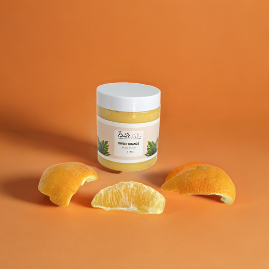 Sweet Orange Sugar Scrub in a bright jar – citrus-scented exfoliator with sugar, butters, and oils for smooth, glowing skin