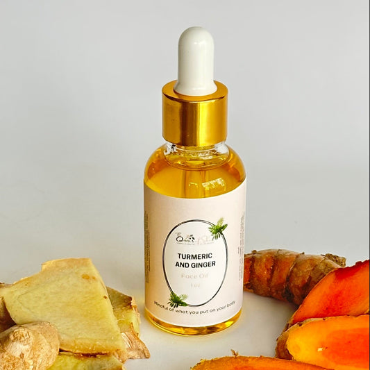 Turmeric and Ginger Face Oil in a golden-hued dropper bottle – nourishing facial oil blend for bright, glowing, and rejuvenated skin