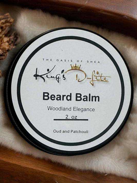 Woodland Elegance Beard Balm in a sleek tin – rich grooming balm with Oud and Patchouli scent for soft, styled, and nourished beards