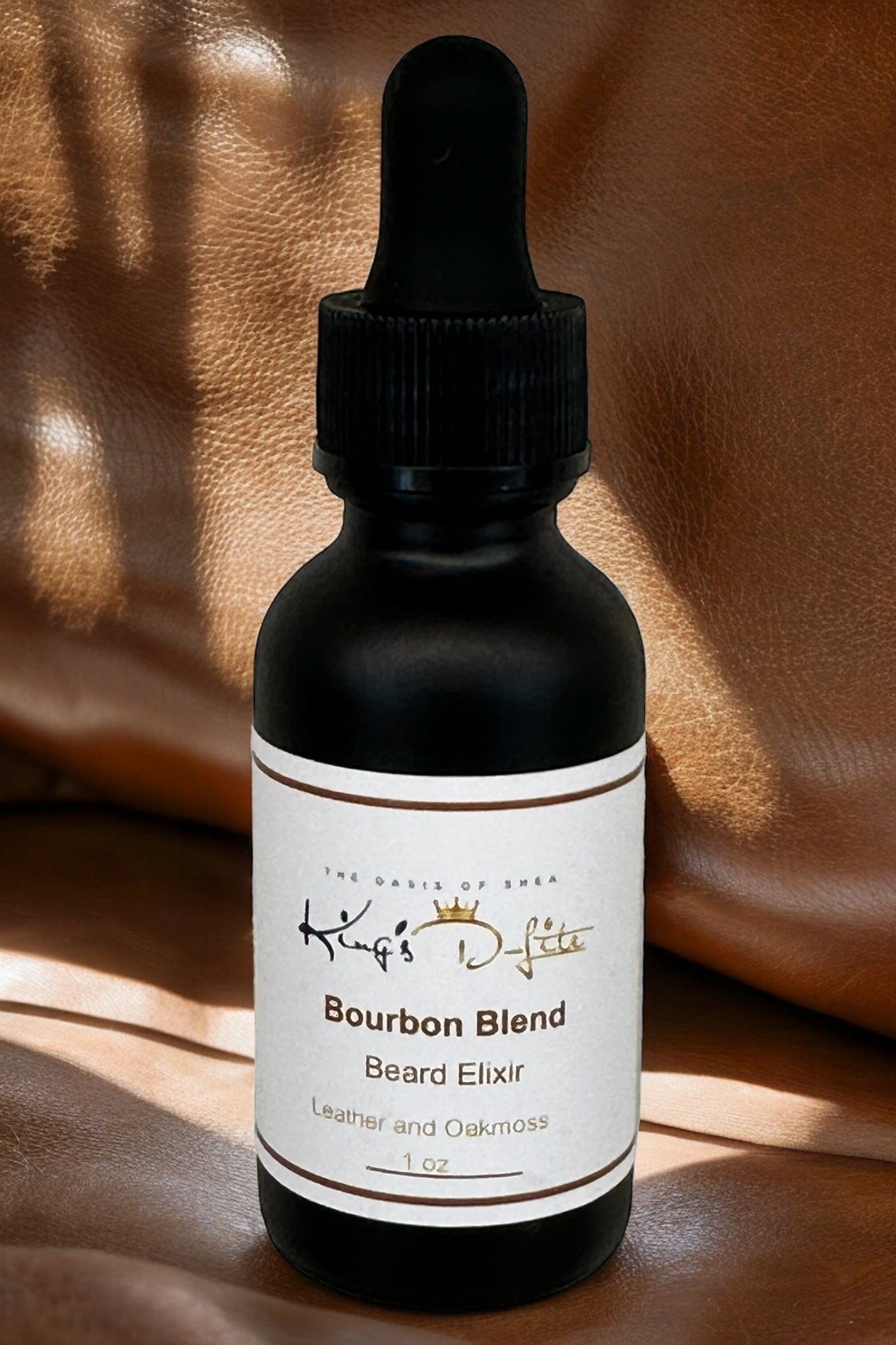 Bourbon Blend Beard Elixir in a glass dropper bottle – leather and oakmoss-scented oil for smooth, conditioned, and masculine beards