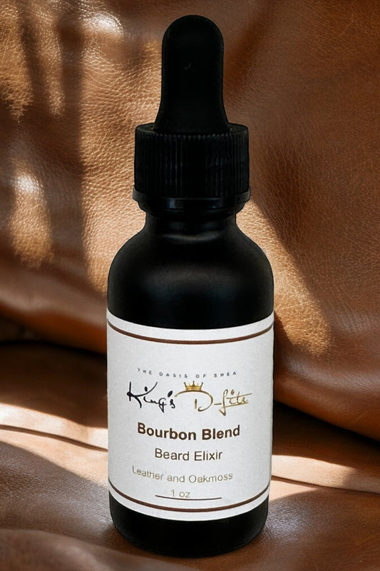 Bourbon Blend Beard Elixir in a glass dropper bottle – leather and oakmoss-scented oil for smooth, conditioned, and masculine beards