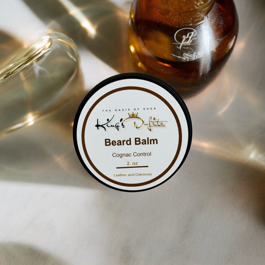 Cognac Control Beard Balm in a rugged tin – leather and oakmoss scented balm for styling and nourishing men’s beards
