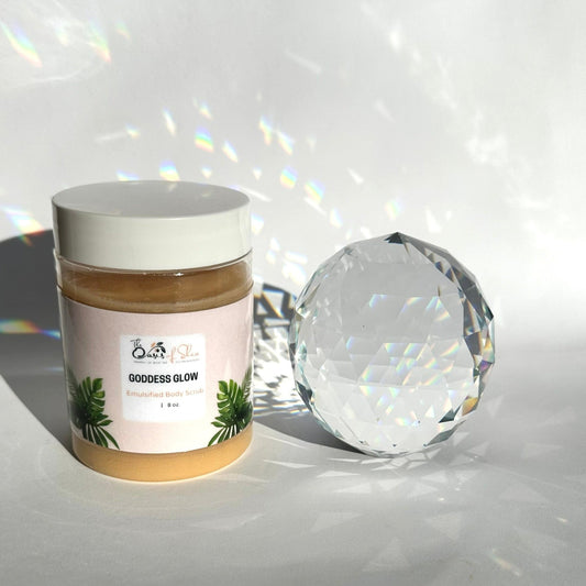 Goddess Glow Emulsified Body Scrub in a whipped jar – luxurious violet and vanilla scented exfoliator for smooth, glowing skin