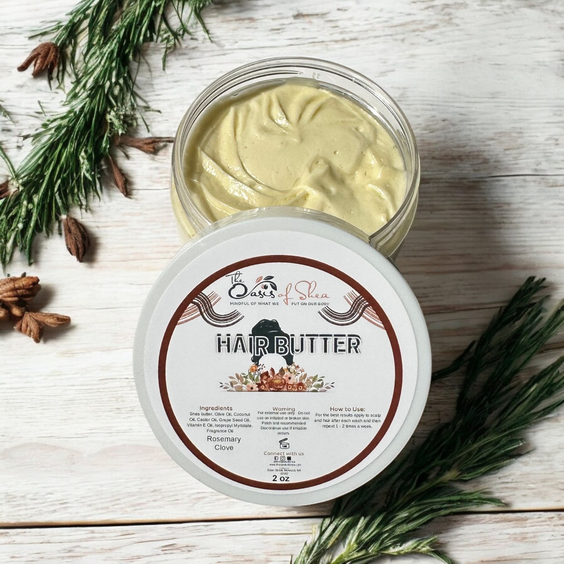 Rosemary and Clove Hair Butter in a clear plastic jar – rich, creamy formula for deep hydration and hair protection