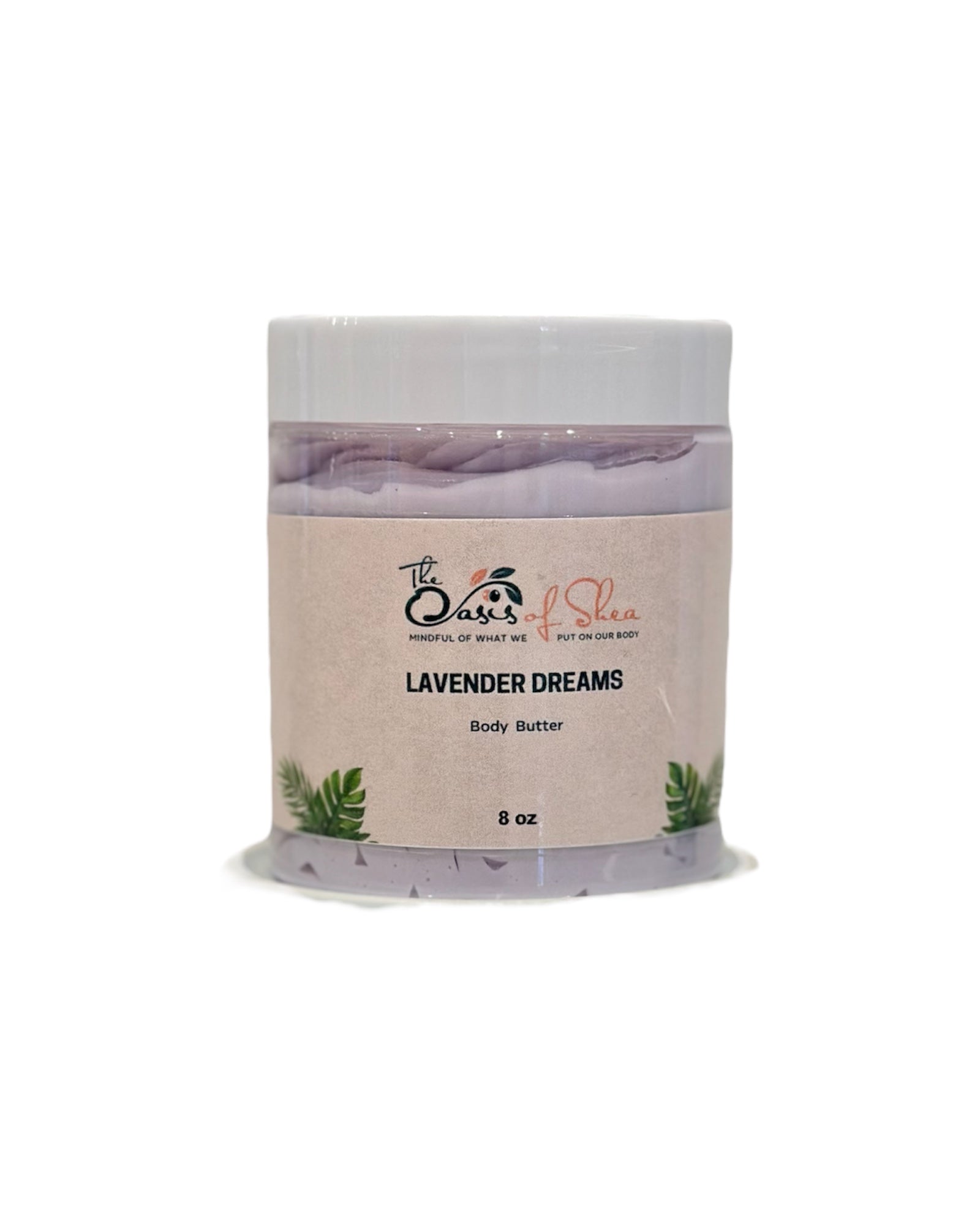 Lavender Dreams Body Butter in a smooth plastic jar – creamy, nourishing moisturizer infused with lavender for soft and relaxed skin