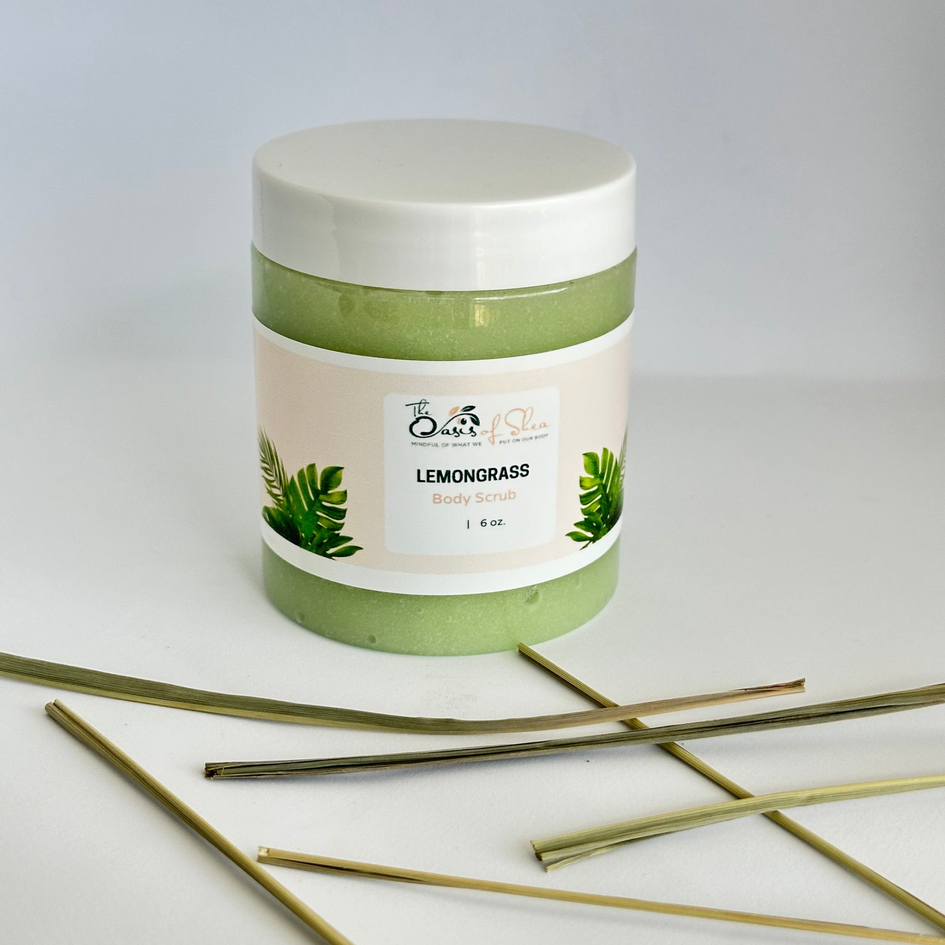 Lemongrass Sugar Scrub in a glass jar – zesty, natural exfoliator with sugar, butters, and oils for smooth, glowing skin