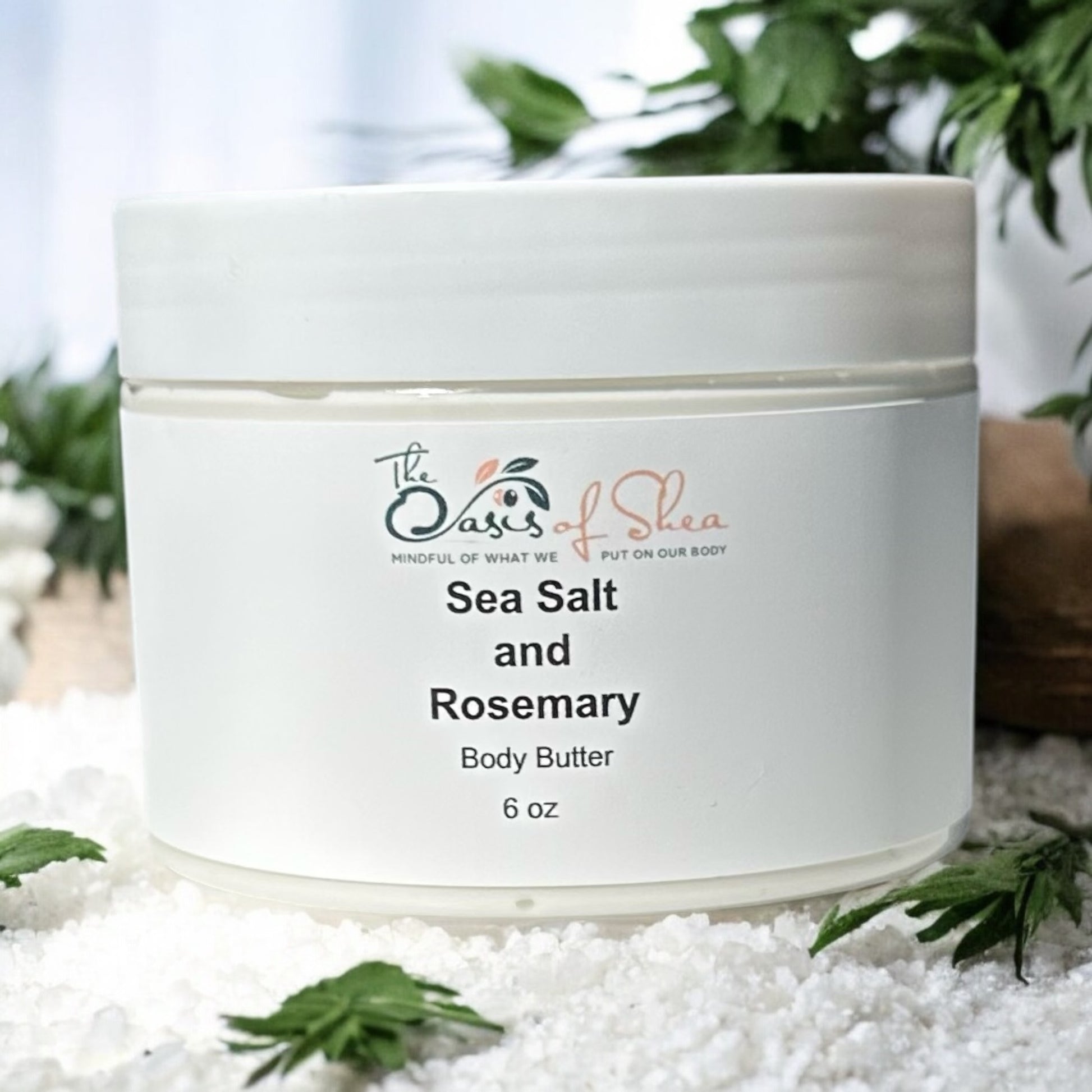 Sea Salt and Rosemary Body Butter in a glass jar – whipped body cream infused with wild rosemary, lavender, and sea salt for smooth, hydrated skin