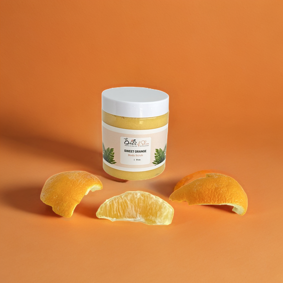 Sweet Orange Sugar Scrub in a bright jar – citrus-scented exfoliator with sugar, butters, and oils for smooth, glowing skin